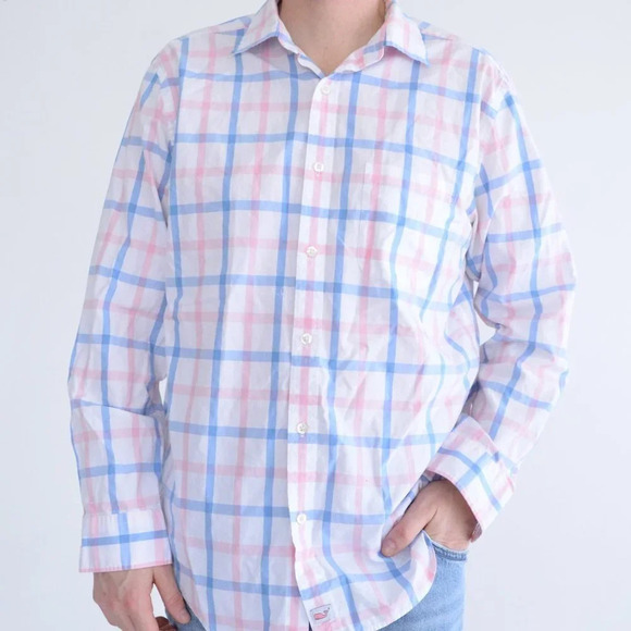 Vineyard Vines White Pink Blue Checker Classic Fit Murray Shirt 100% Cotton Shir - Picture 2 of 14